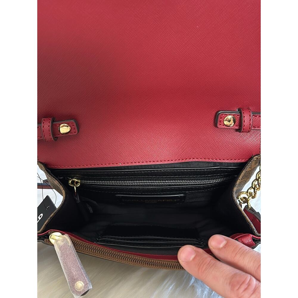 Karl Lagerfeld Brown Monogram Crossbody with Red Strap and Gold Hardware - Picture 10 of 12